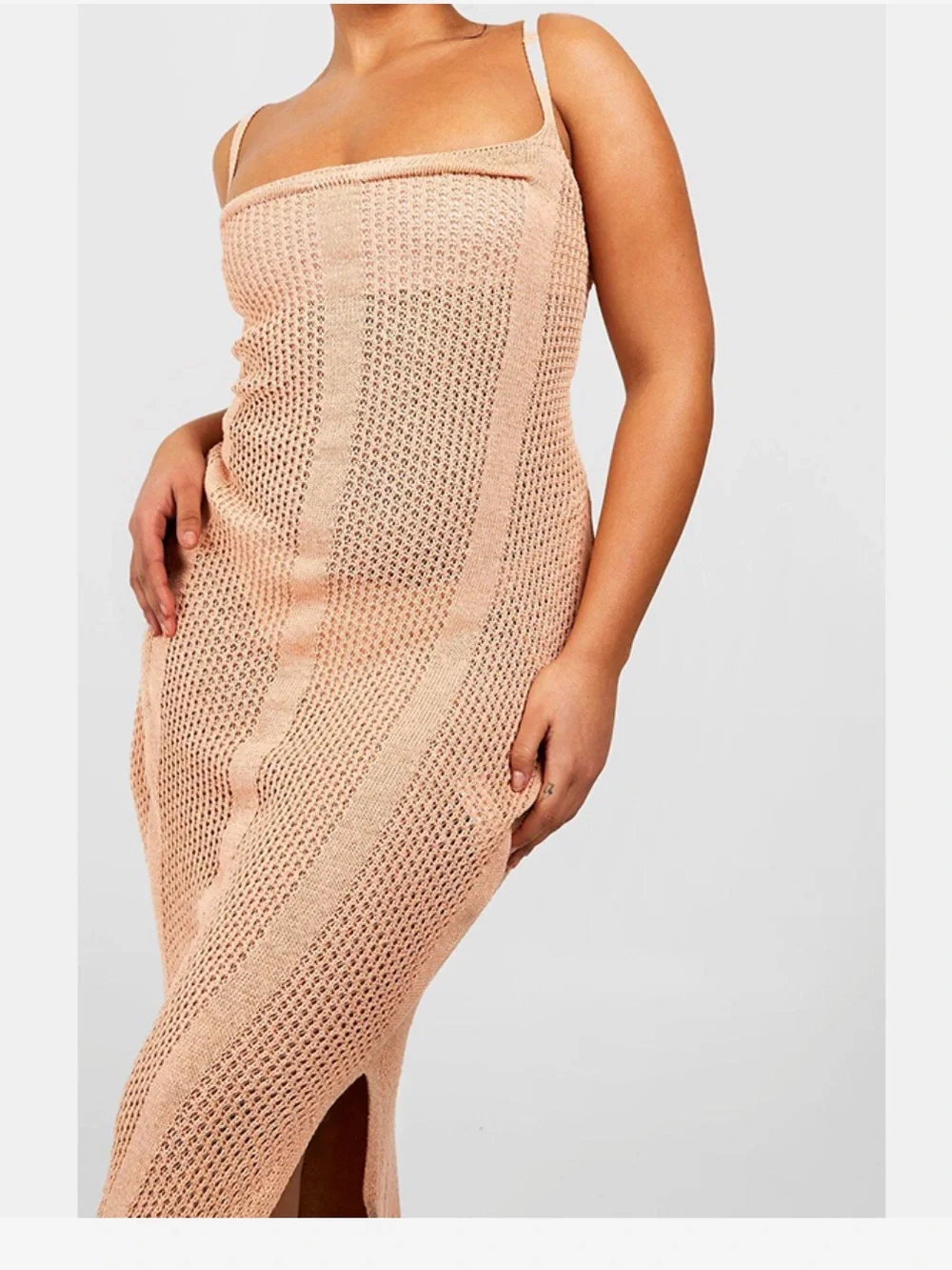 NWT Boohoo Plus Camel Crochet Knitted Maxi Beach side split Dress US 16 - Picture 4 of 10